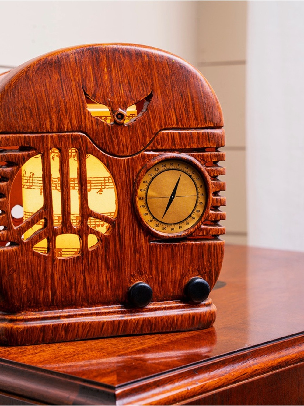 Pink Zebra Wood-Tone Retro Radio Accent Lamp in Golden Glow